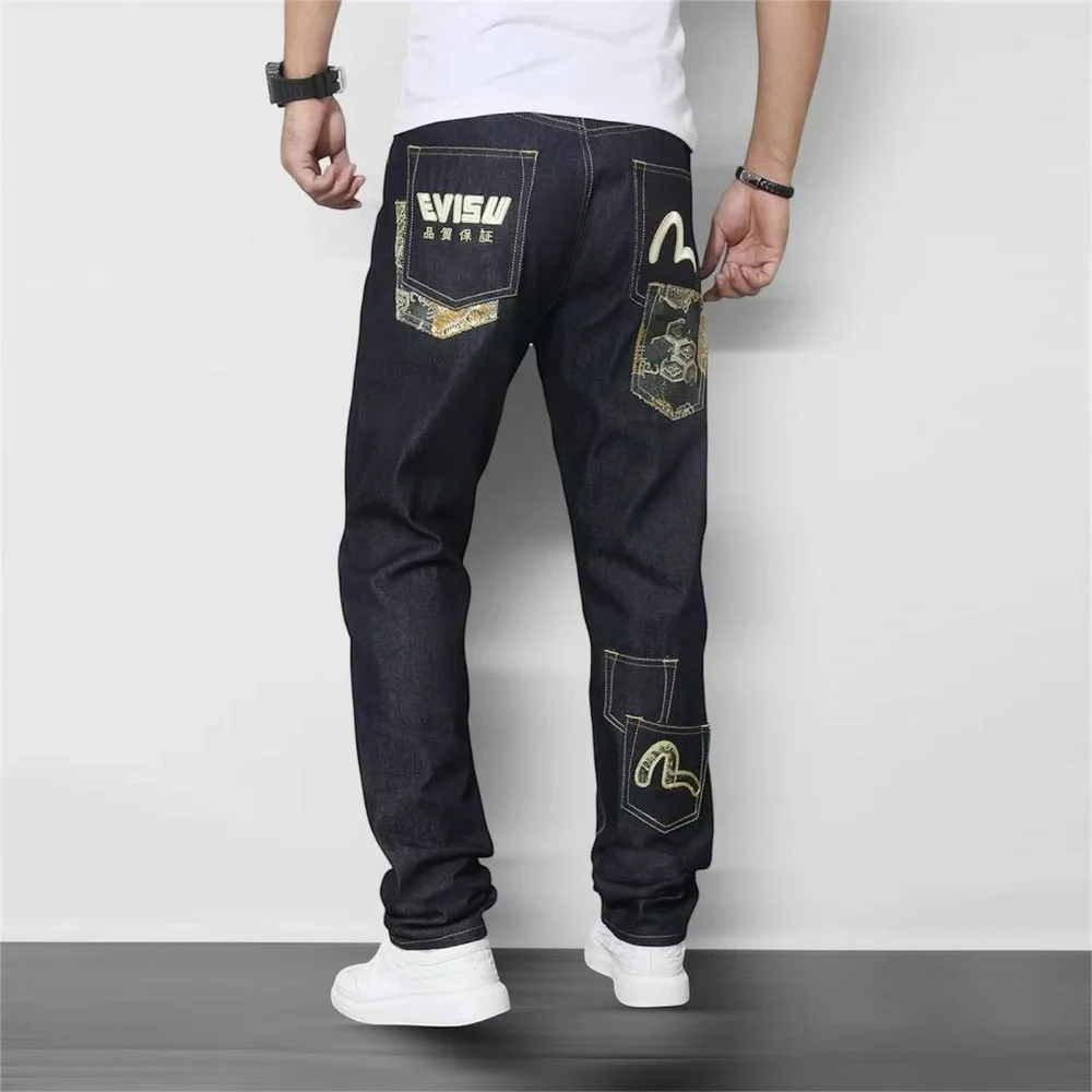 Evisu Dark Blue Straight Jeans with Yellow Patch Accents